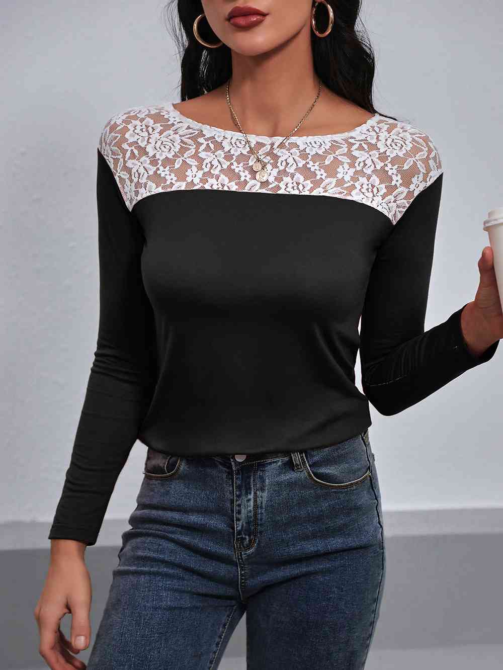 Lace Trim Long Sleeve Round Neck Tee