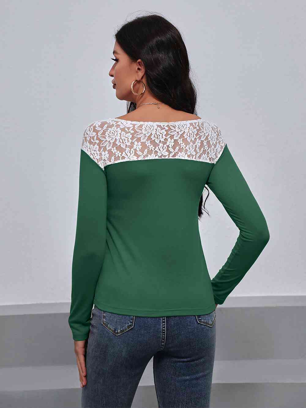 Lace Trim Long Sleeve Round Neck Tee