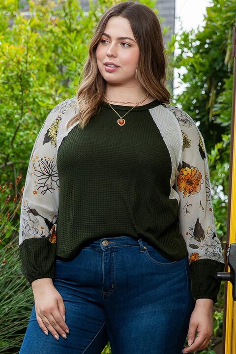 Plus Size Floral Waffle-Knit Round Neck Blouse