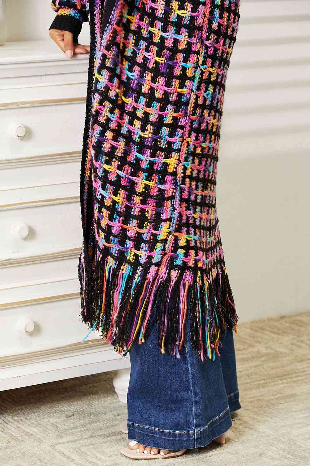 Double Take Full Size Multicolored Open Front Fringe Hem Cardigan