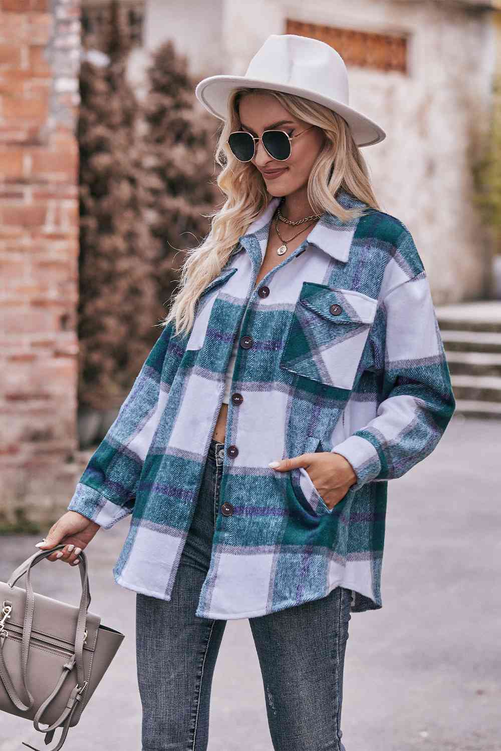 Plaid Long Sleeve Shirt Jacket with Pockets