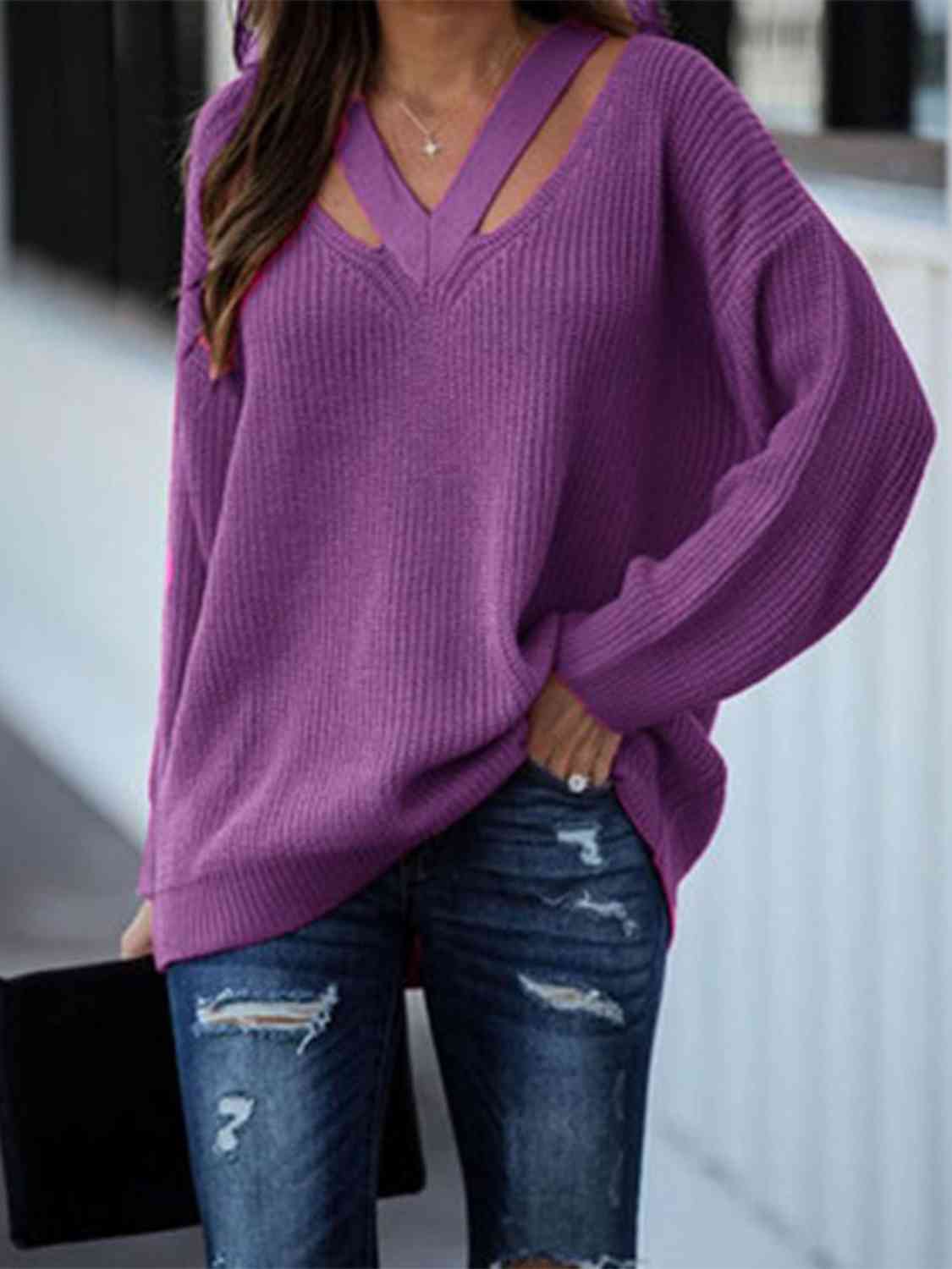 Full Size Cutout V-Neck Rib-Knit Sweater