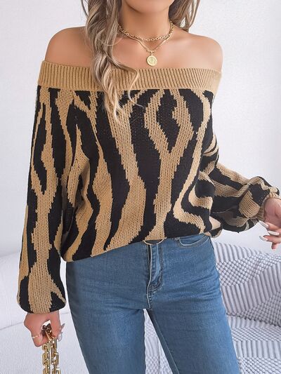 Off-Shoulder Animal Print Long Sleeve Sweater