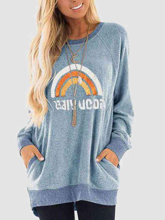 Rainbow Graphic Round Neck Sweatshirt with Pockets