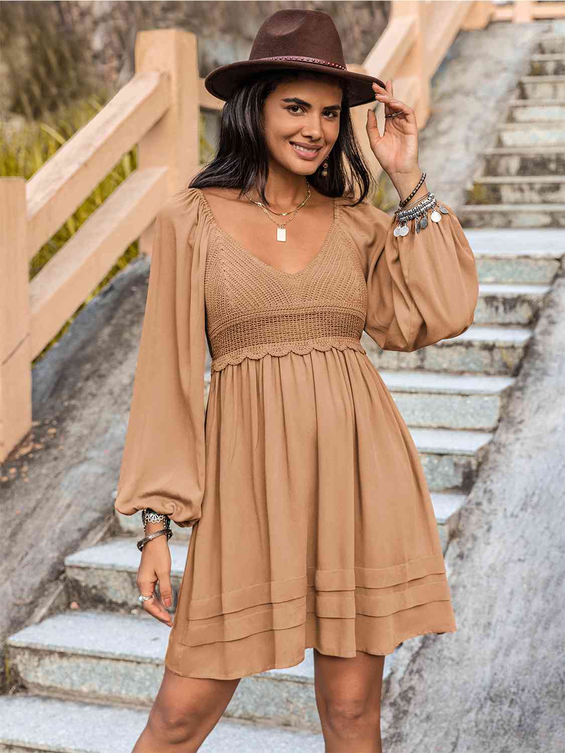 Crochet V-Neck Balloon Sleeve Dress