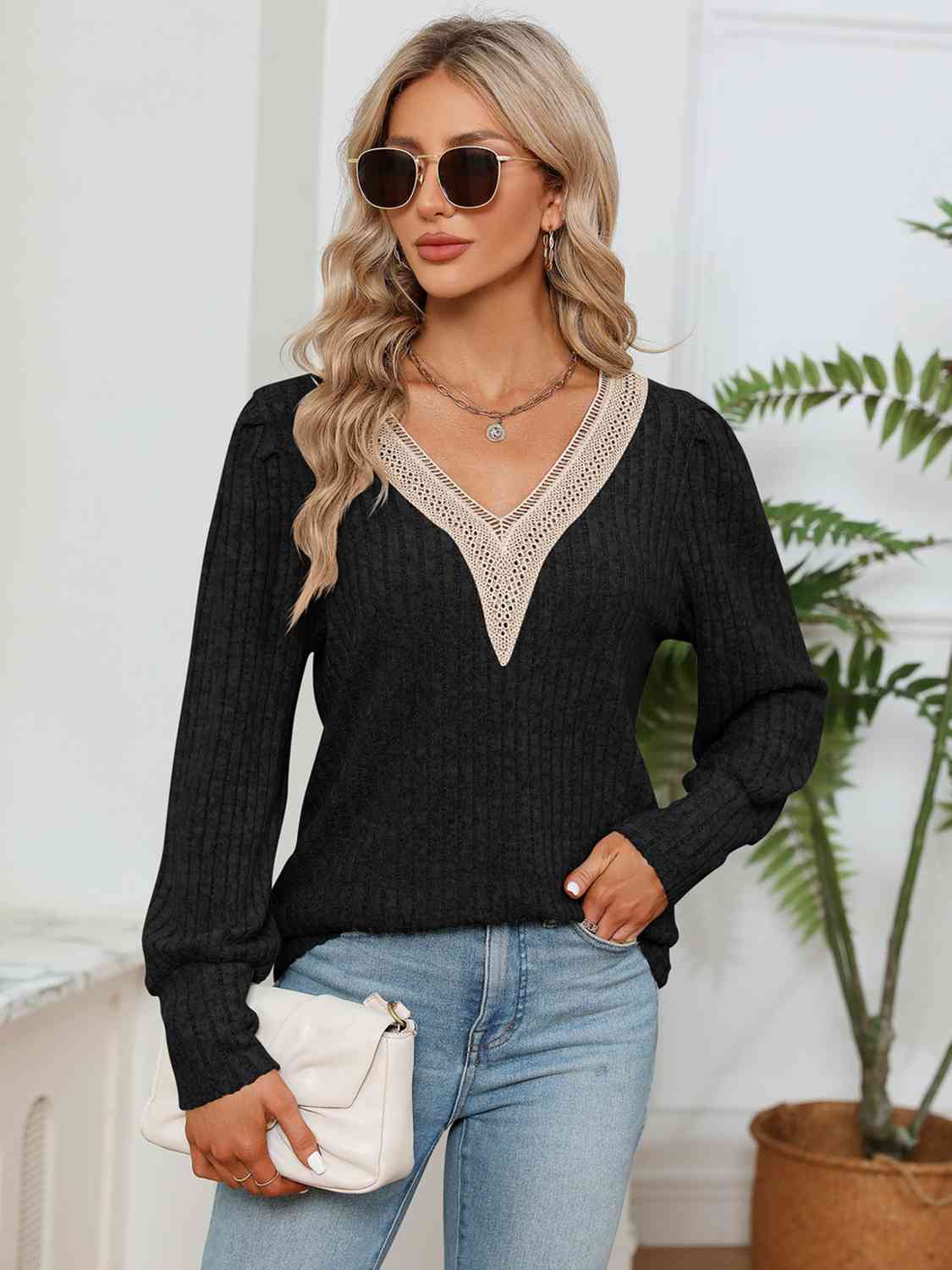 Lace Detail V-Neck Ribbed Blouse