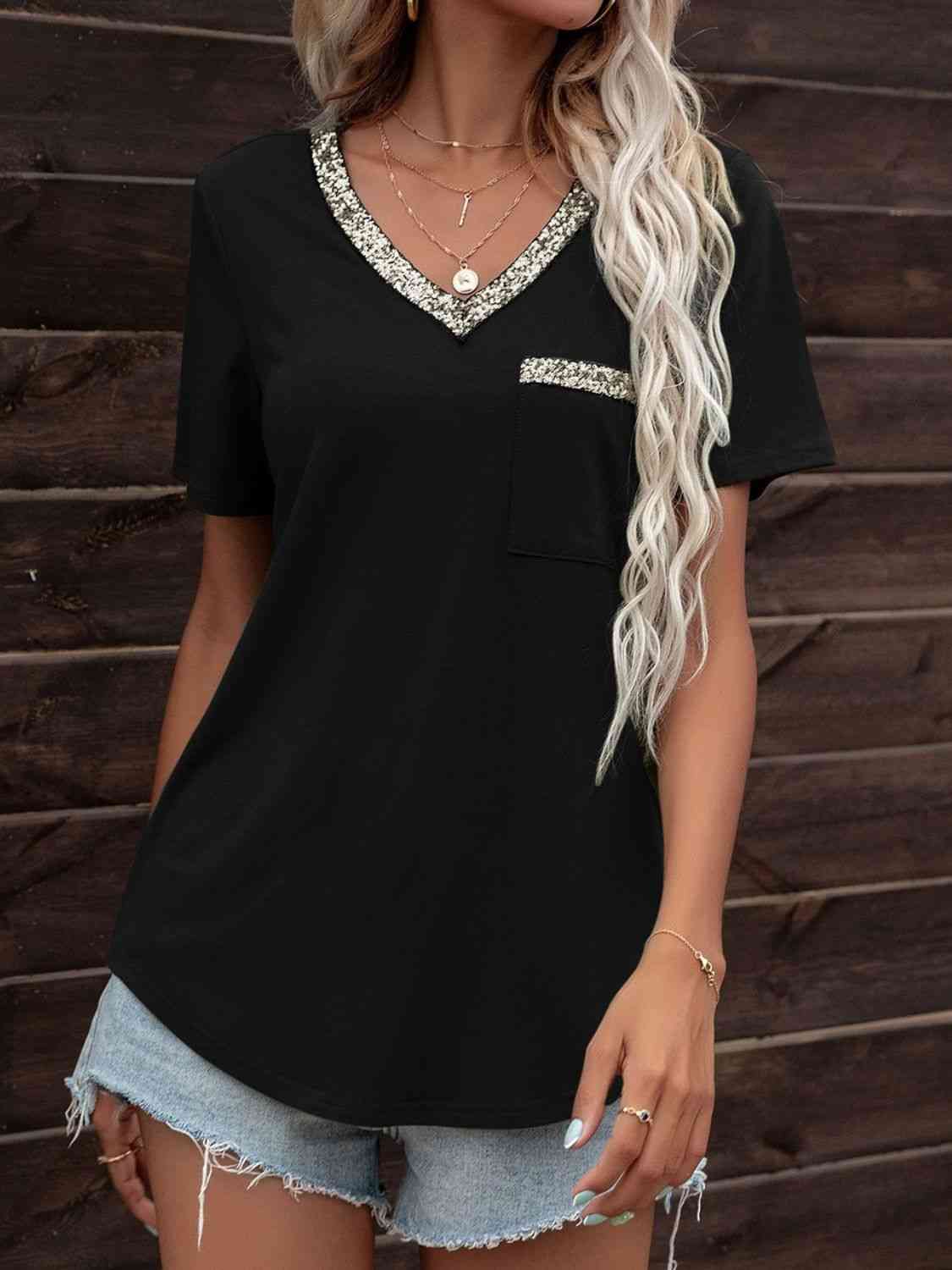 Glitter V-Neck Short Sleeve Tee Shirt