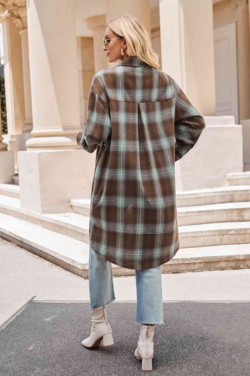 Plaid Collared Neck Long Sleeve Coat