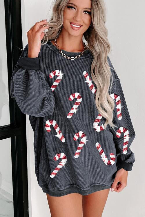 Sequin Candy Cane Round Neck Sweatshirt