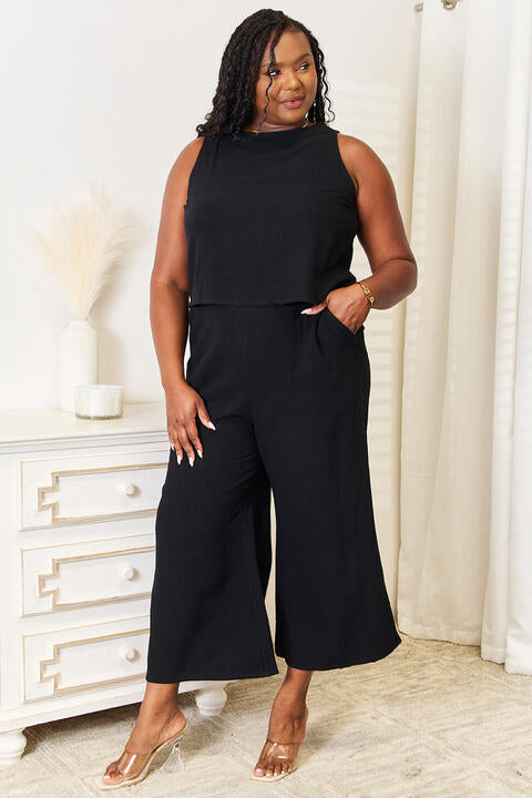 Double Take Buttoned Round Neck Tank and Wide Leg Pants Set