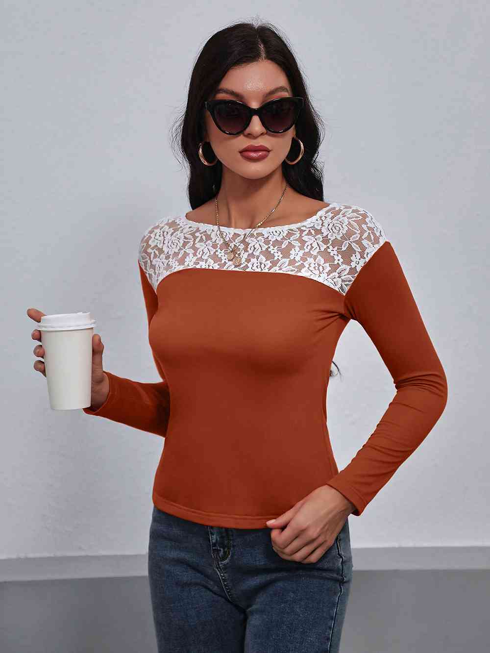 Lace Trim Long Sleeve Round Neck Tee