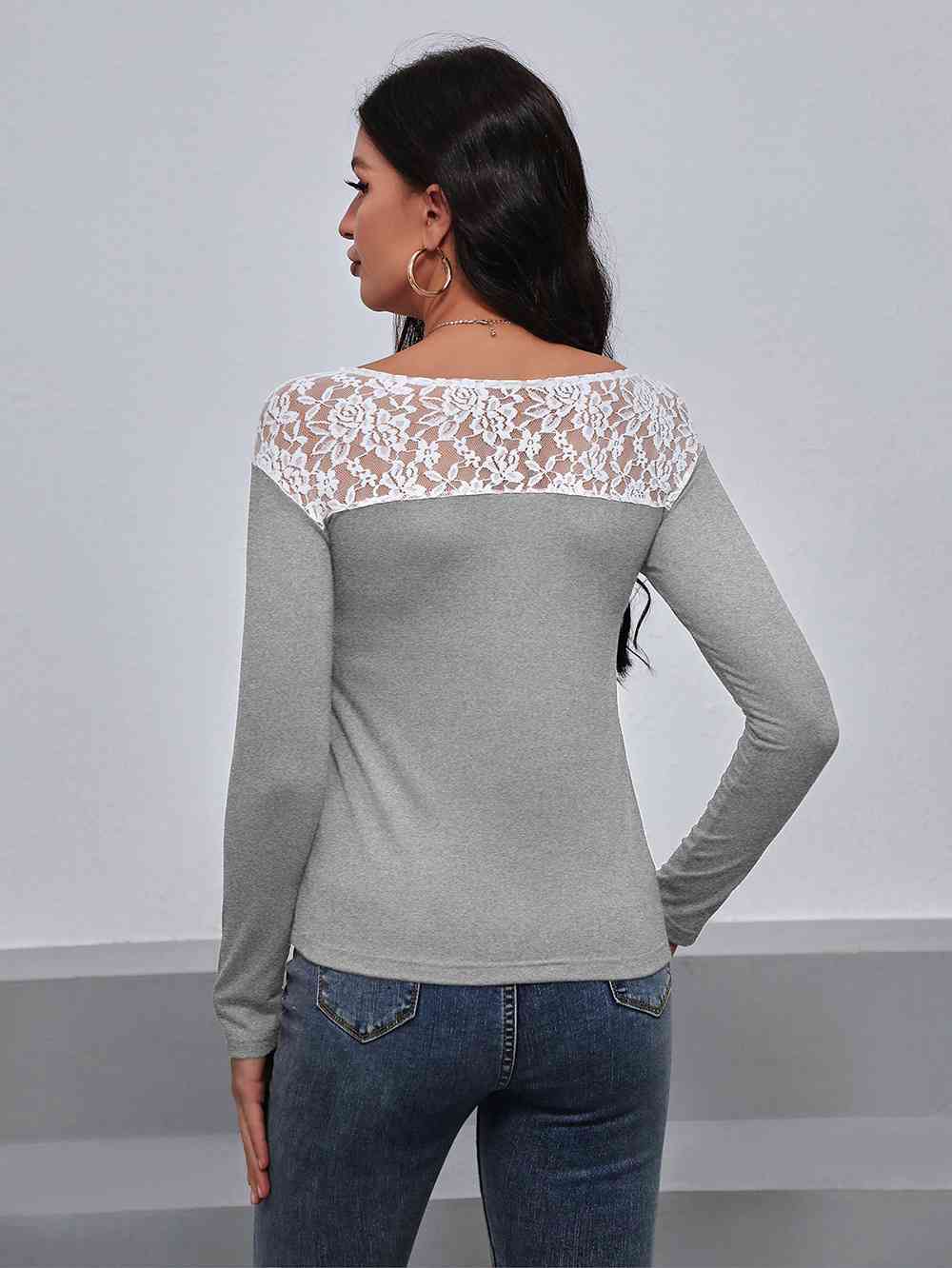 Lace Trim Long Sleeve Round Neck Tee