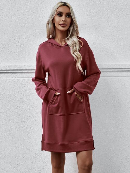 Slit Long Sleeve Hooded Dress with Pocket