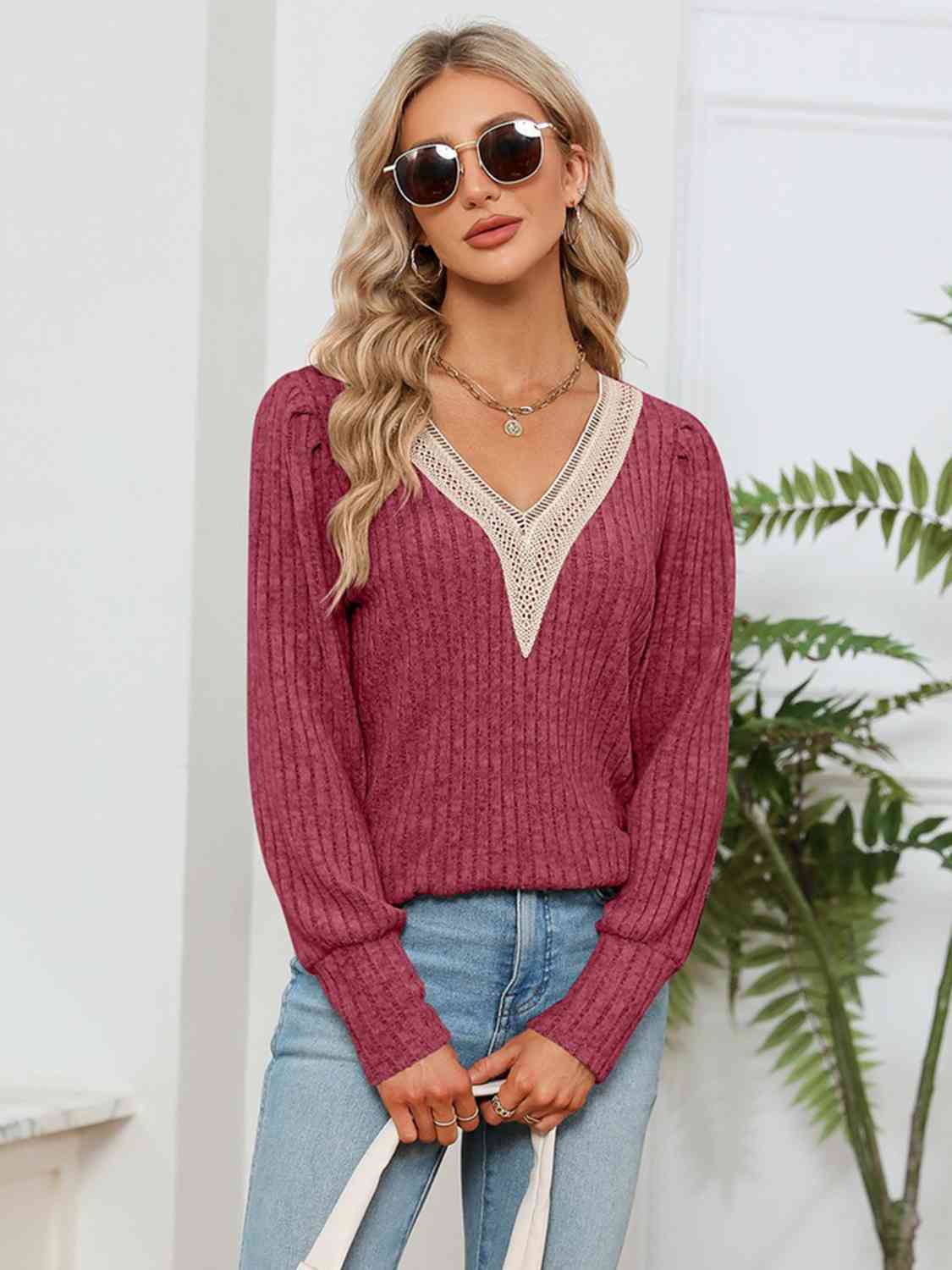 Lace Detail V-Neck Ribbed Blouse